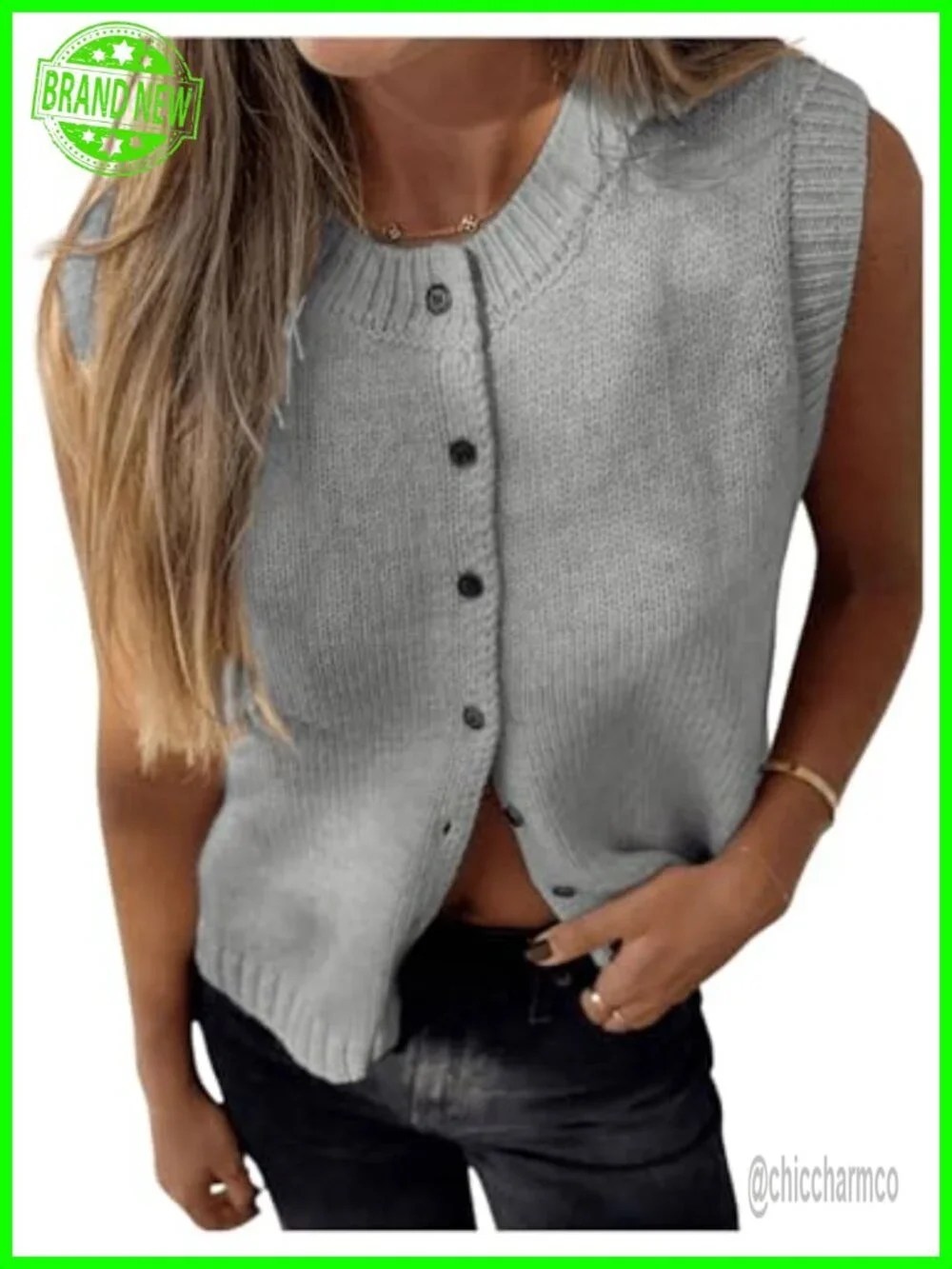 Button Up Sweater Vest Crewneck Sleeveless Knit Pullover